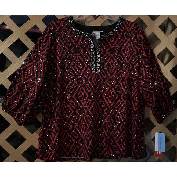 NWT CD DANIELS Red & Black Stretchy Knit Pailette Embellished Holiday Tunic 2X - Picture 1 of 6